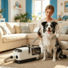 A pet grooming vacuum cleaner and dryer, designed for dog grooming needs. Features a white pet hair dryer with 2800W (4.3 hp) output
